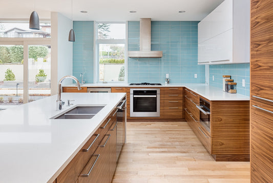 Beautiful Kitchen in Contemporary Luxury Home with Blue Backsplash Tiles