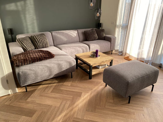 Living Room with Beautiful Herringbone Pattern Wood-Looking Floor Tile