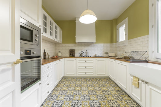 Vintage-Style Kitchen with Mosaic Floor Tile and Subway Tile Backsplash