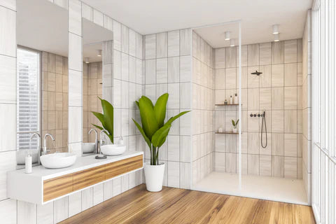 Beautiful Shower with White Vertical Tiles