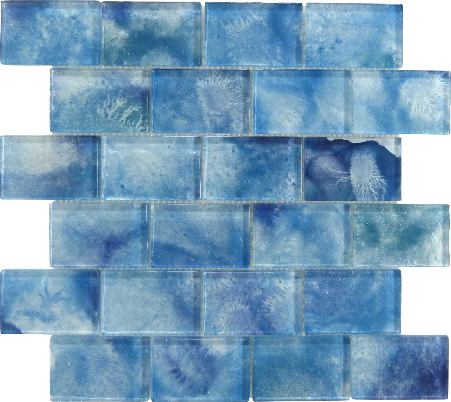 Frothy Swirls Ink Drops Blue 2x3 Glossy Glass Tile Euro Glass