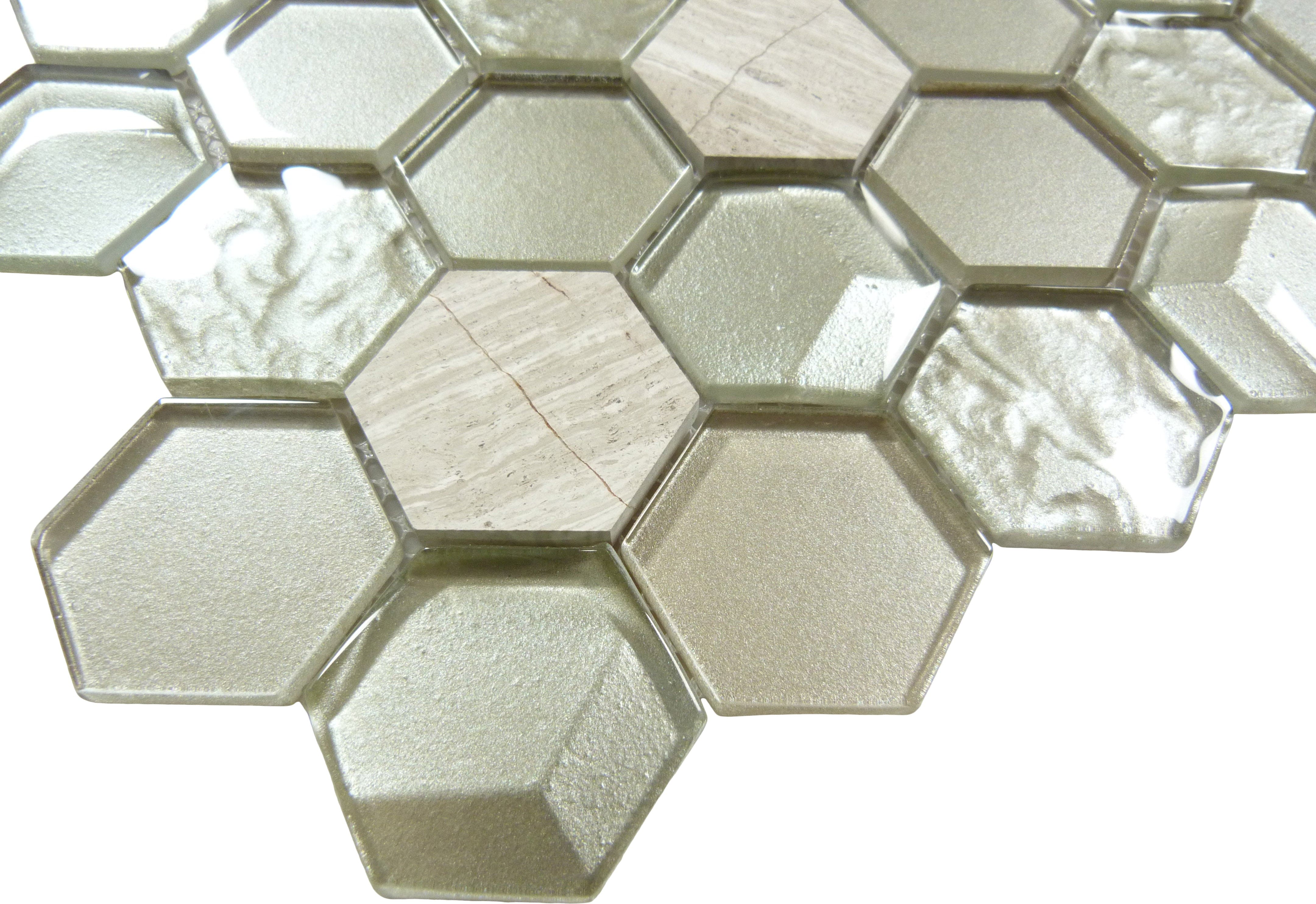 Nimbus Cloud Hexagon Beige Glossy Glass and Stone Tile Euro Glass