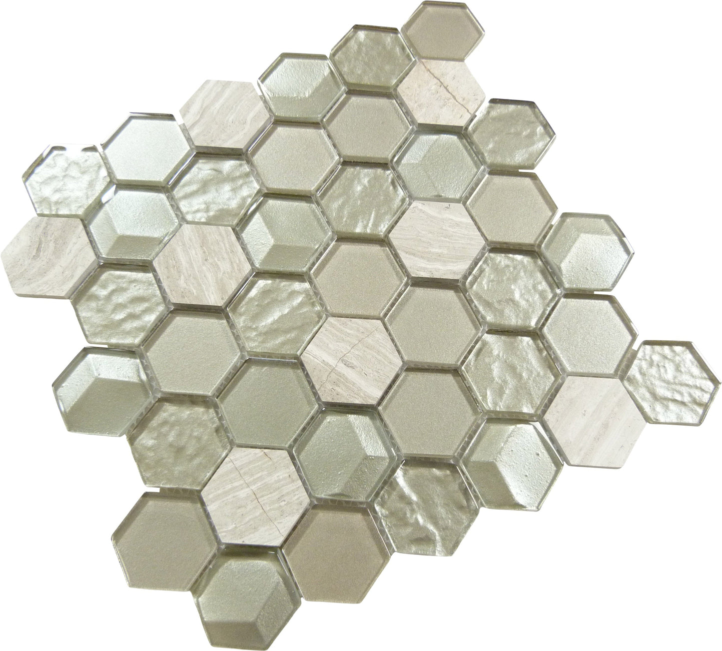 Nimbus Cloud Hexagon Beige Glossy Glass and Stone Tile Euro Glass