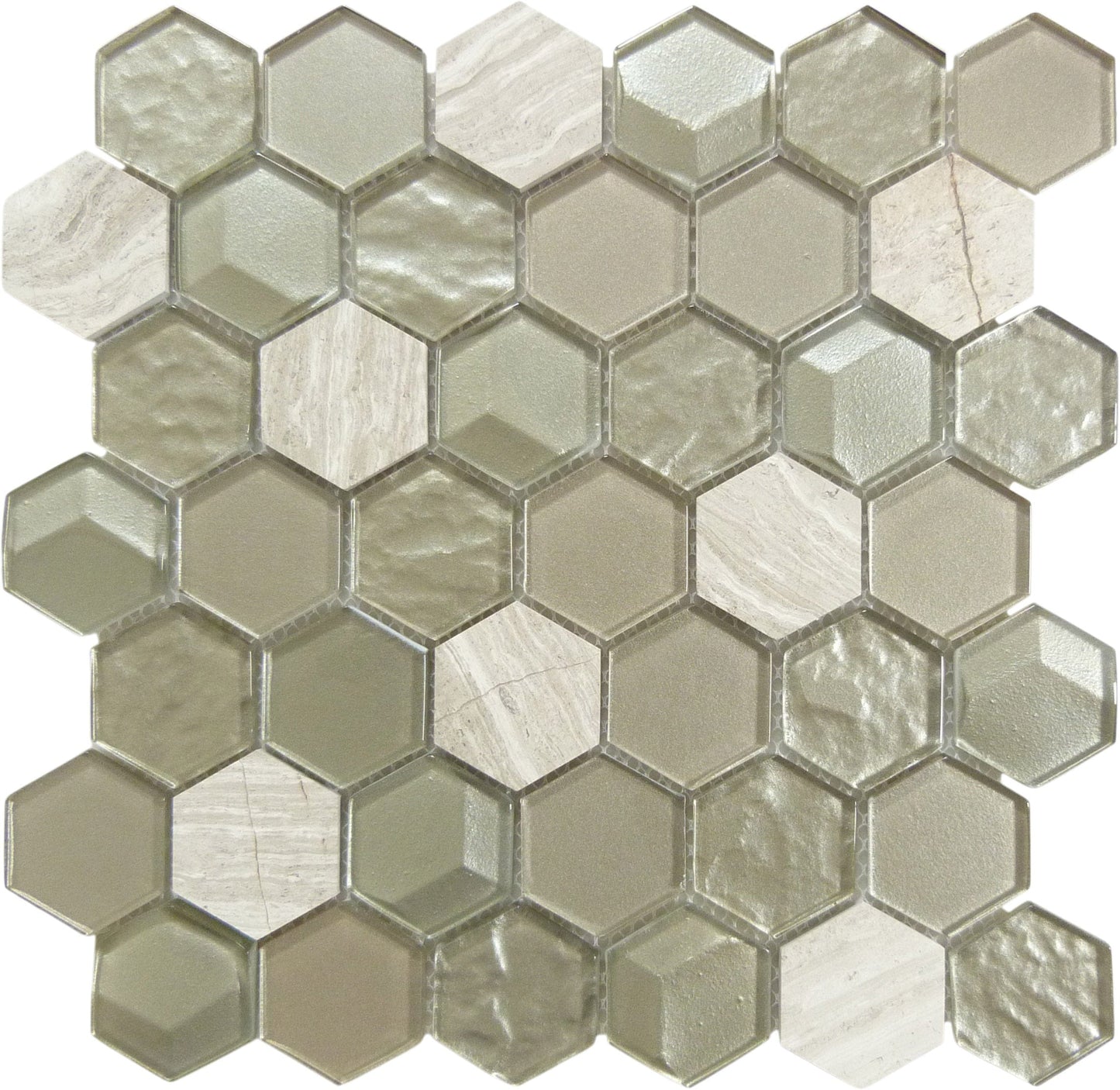 Nimbus Cloud Hexagon Beige Glossy Glass and Stone Tile Euro Glass