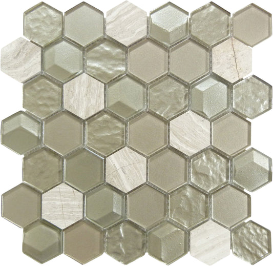 Nimbus Cloud Hexagon Beige Glossy Glass and Stone Tile Euro Glass