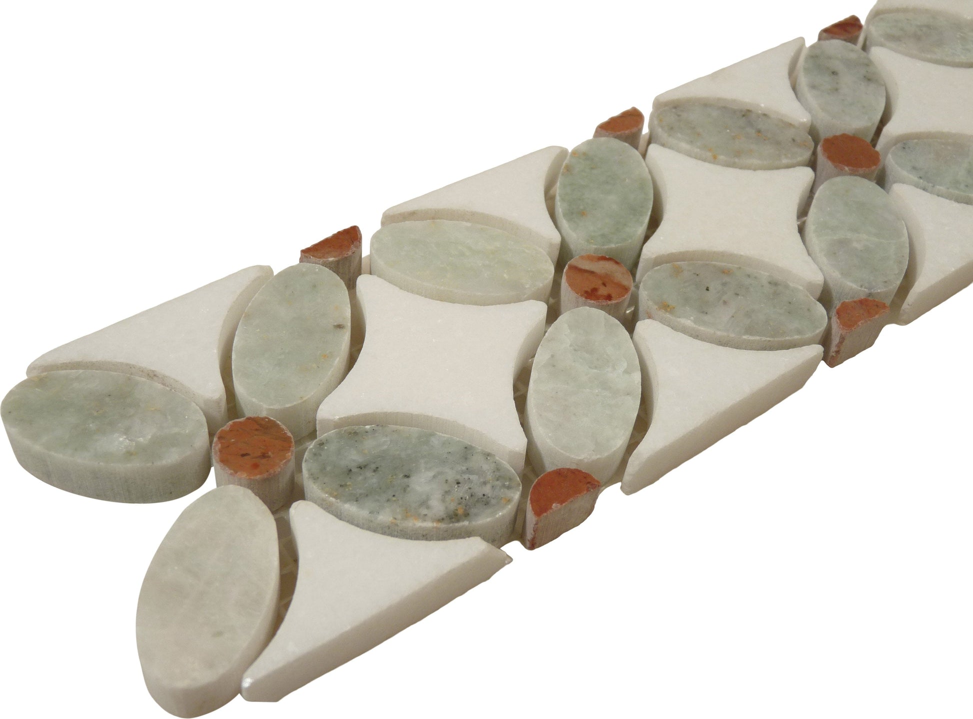 Ming Green and Thassos White Border Red Dot Flower Stone Tile Euro Glass