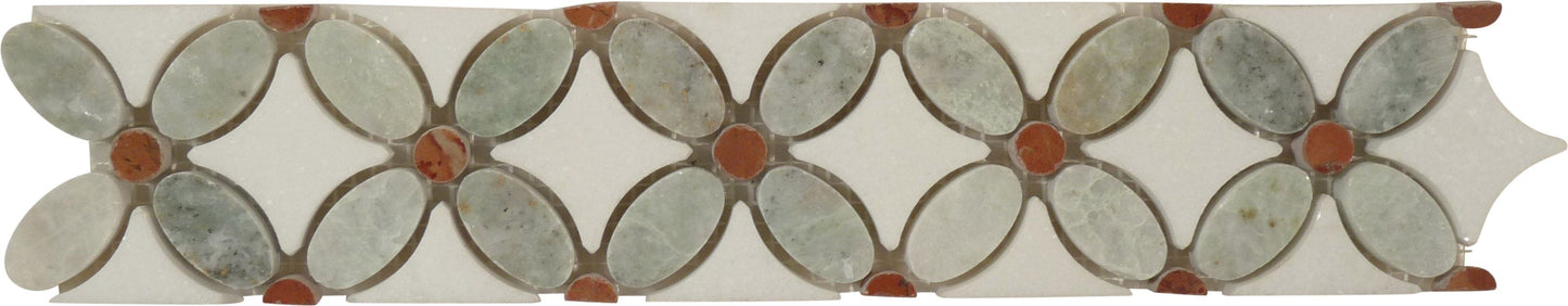 Ming Green and Thassos White Border Red Dot Flower Stone Tile Euro Glass