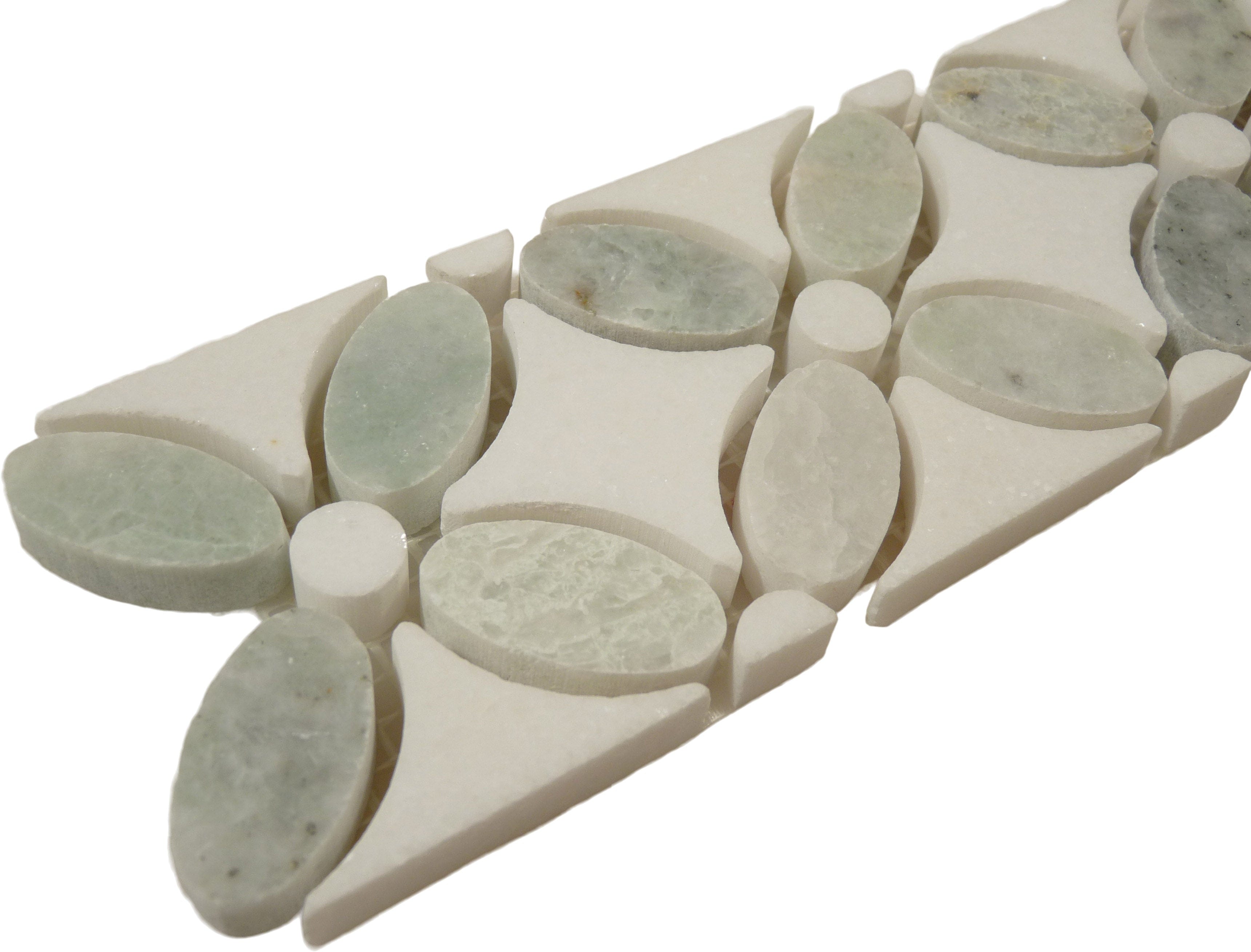 Ming Green and Thassos White Border Flower Stone Tile Euro Glass