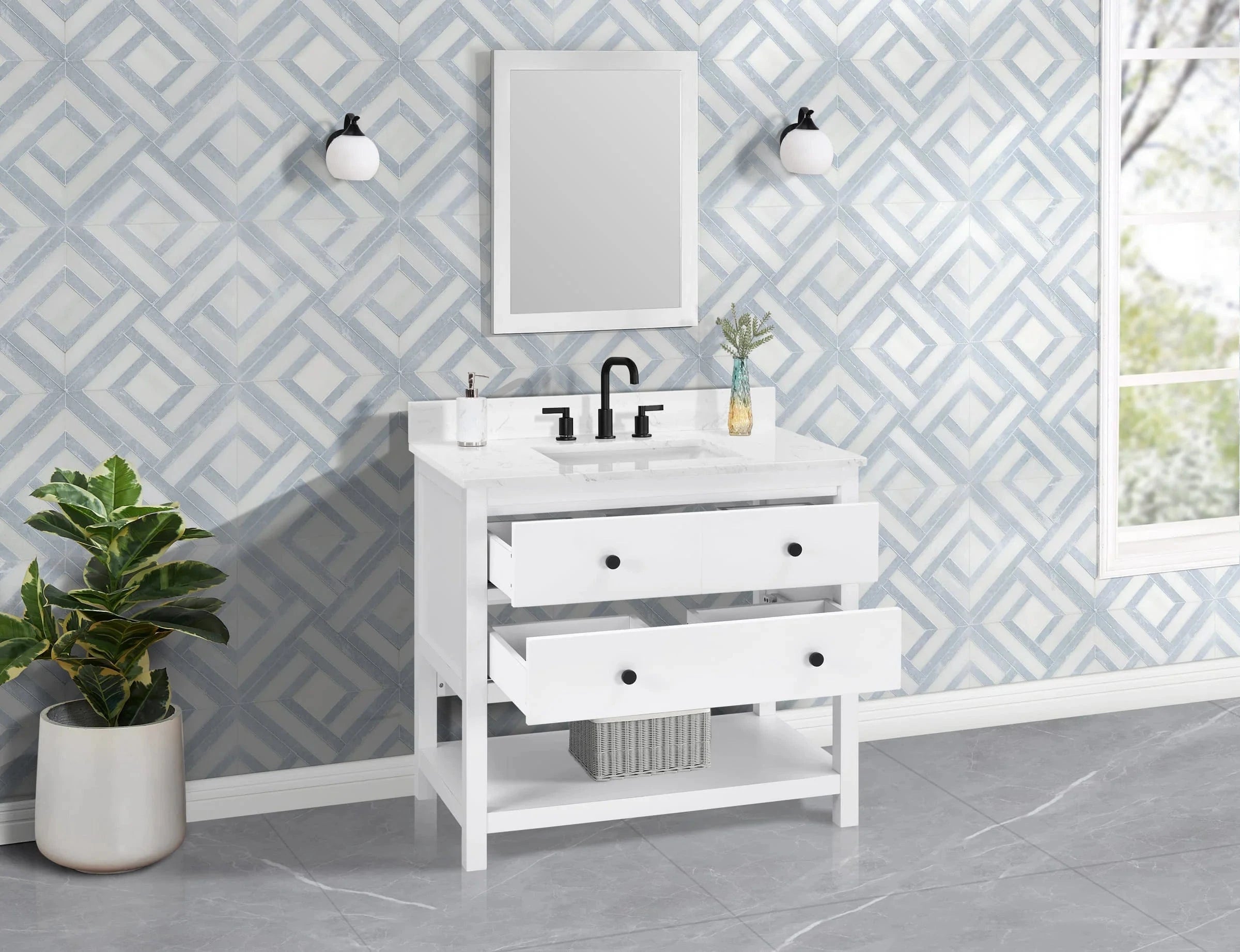 Encino 36" Single Vanity With Carrara Engineered Stone Top Horizon Tile