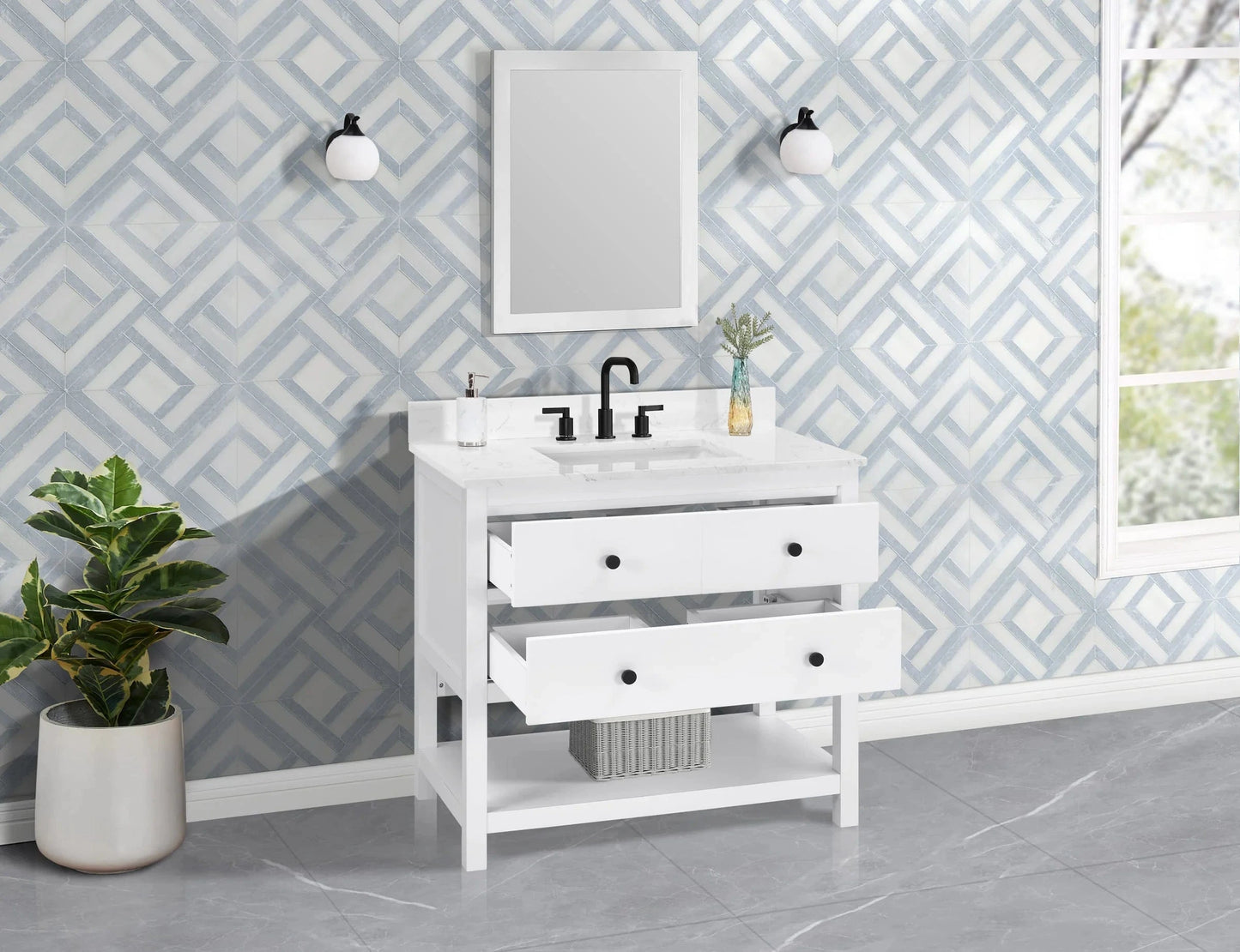 Encino 36" Single Vanity With Carrara Engineered Stone Top Horizon Tile