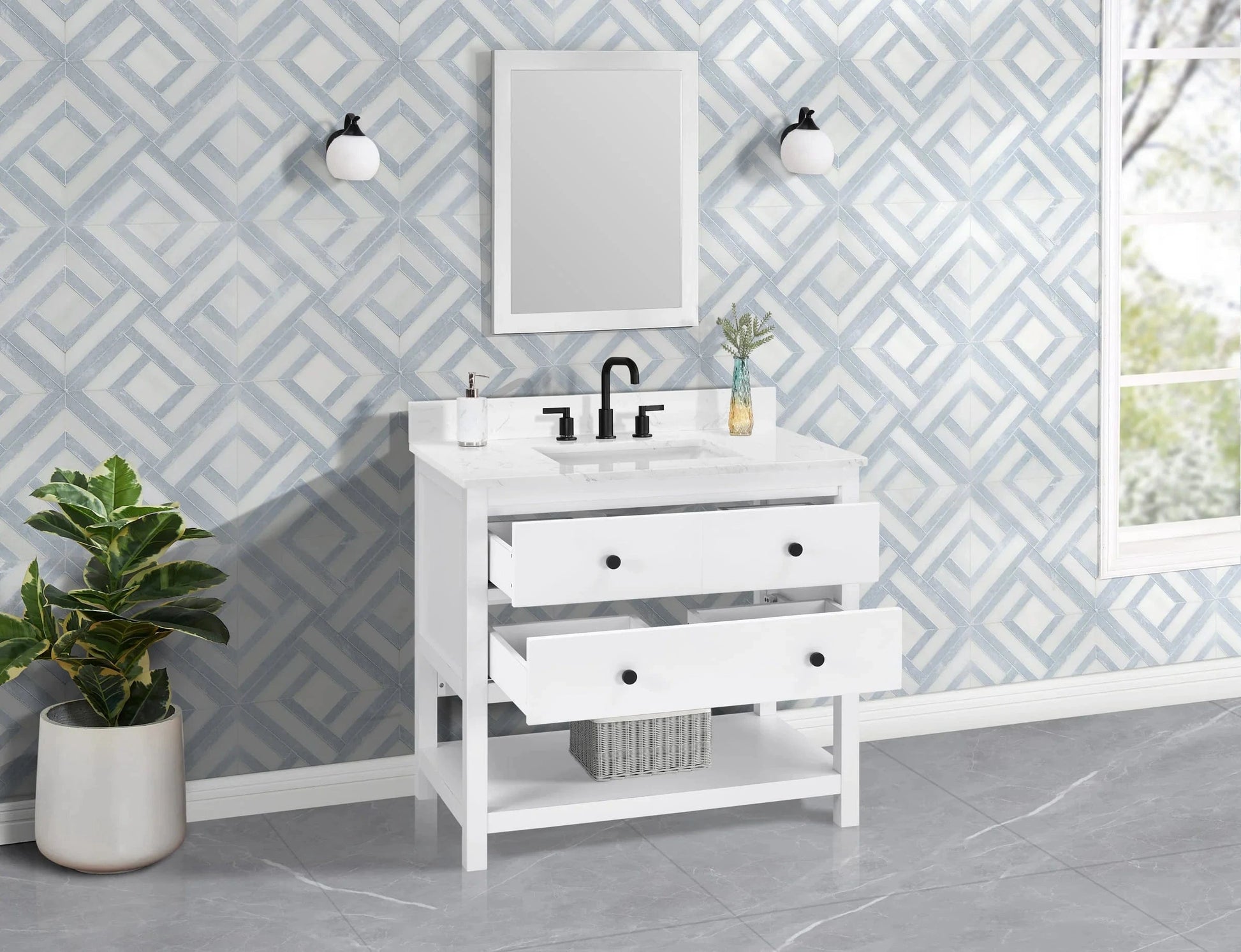 Encino 36" Single Vanity With Carrara Engineered Stone Top Horizon Tile