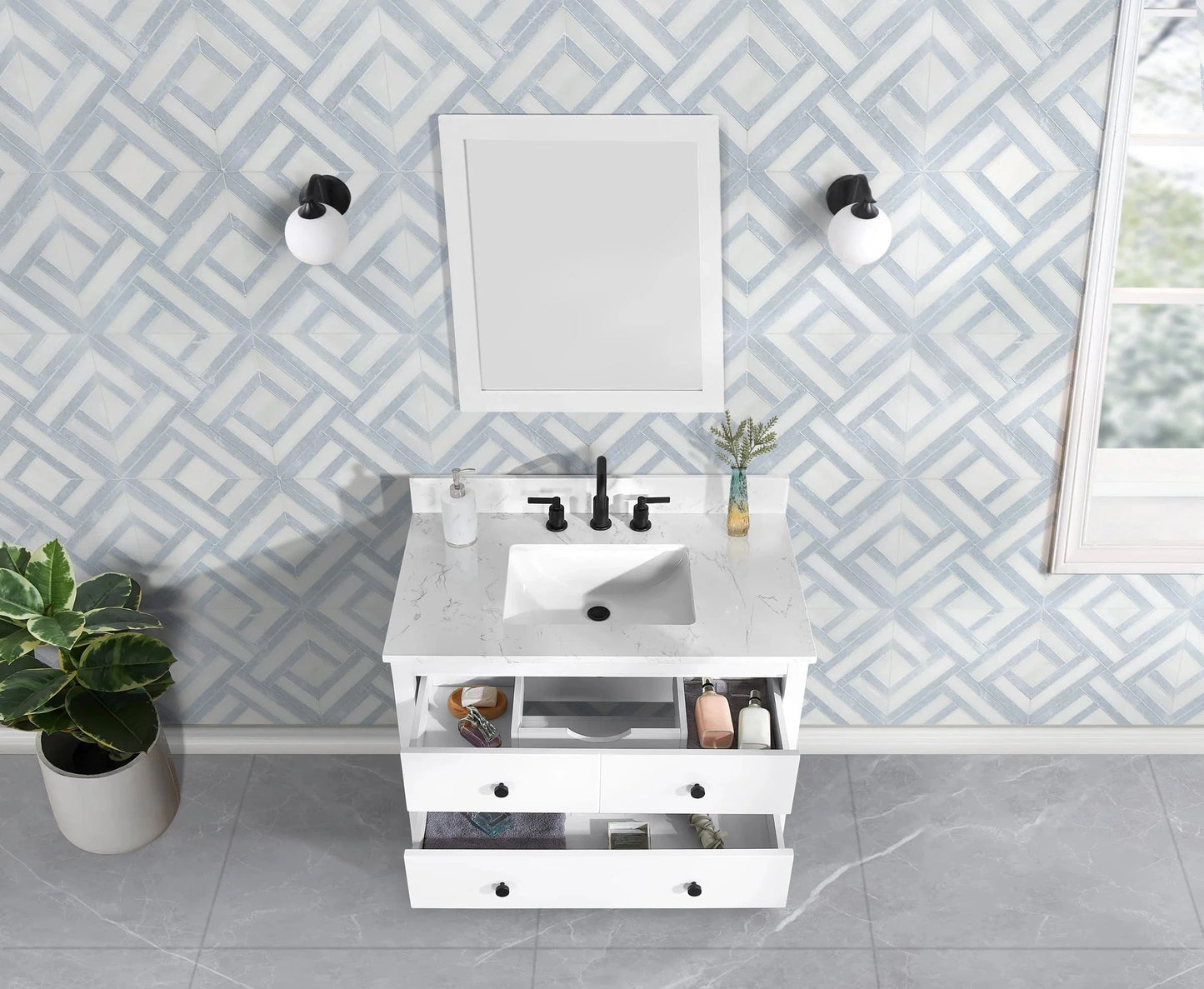 Encino 36" Single Vanity With Carrara Engineered Stone Top Horizon Tile