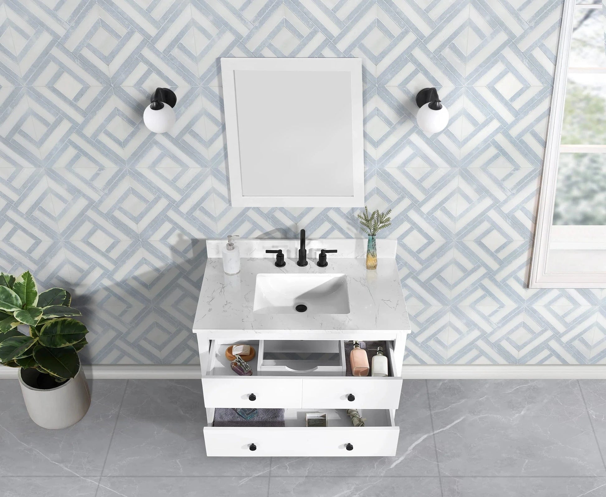 Encino 36" Single Vanity With Carrara Engineered Stone Top Horizon Tile