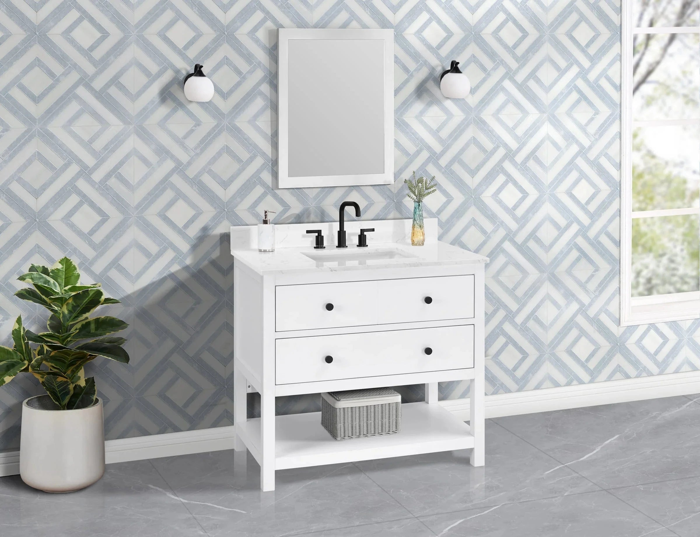 Encino 36" Single Vanity With Carrara Engineered Stone Top Horizon Tile