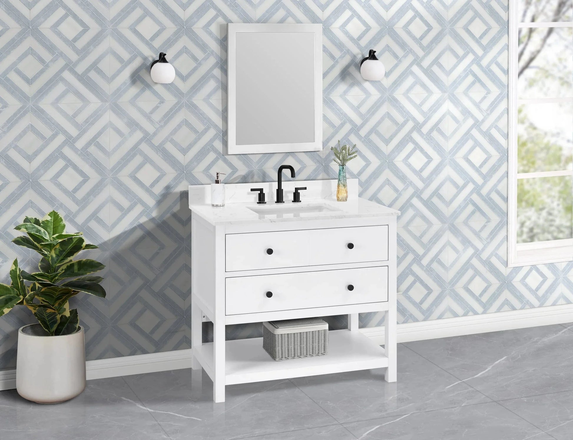 Encino 36" Single Vanity With Carrara Engineered Stone Top Horizon Tile