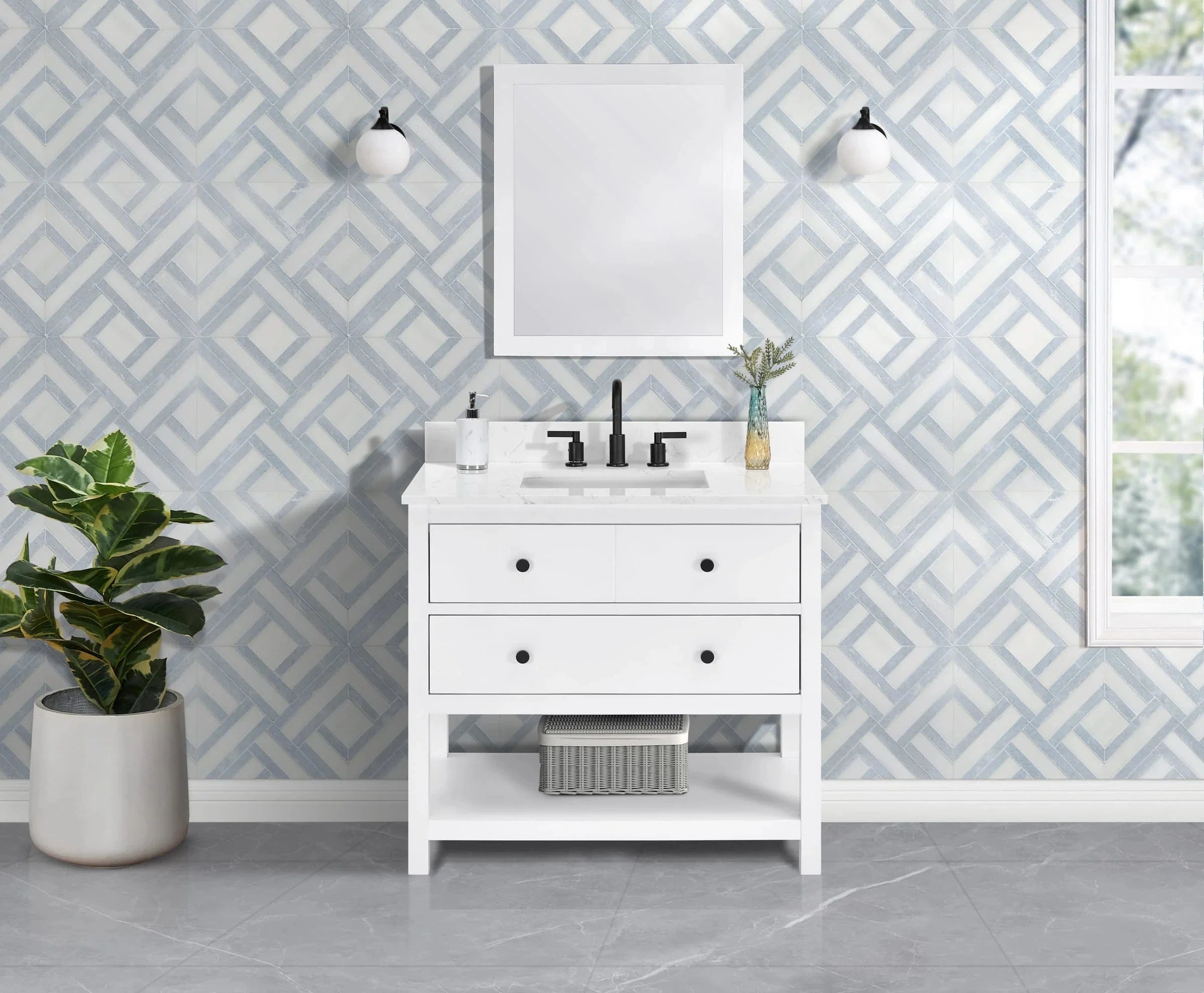 Encino 36" Single Vanity With Carrara Engineered Stone Top Horizon Tile