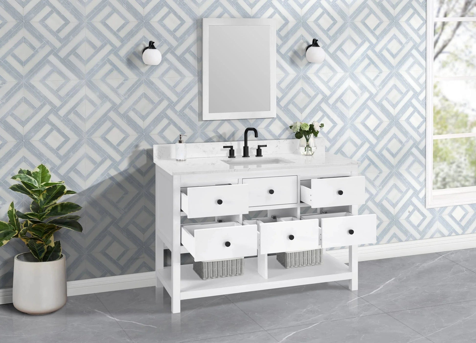 Encino 48" Single Vanity With Carrara Engineered Stone Top Horizon Tile