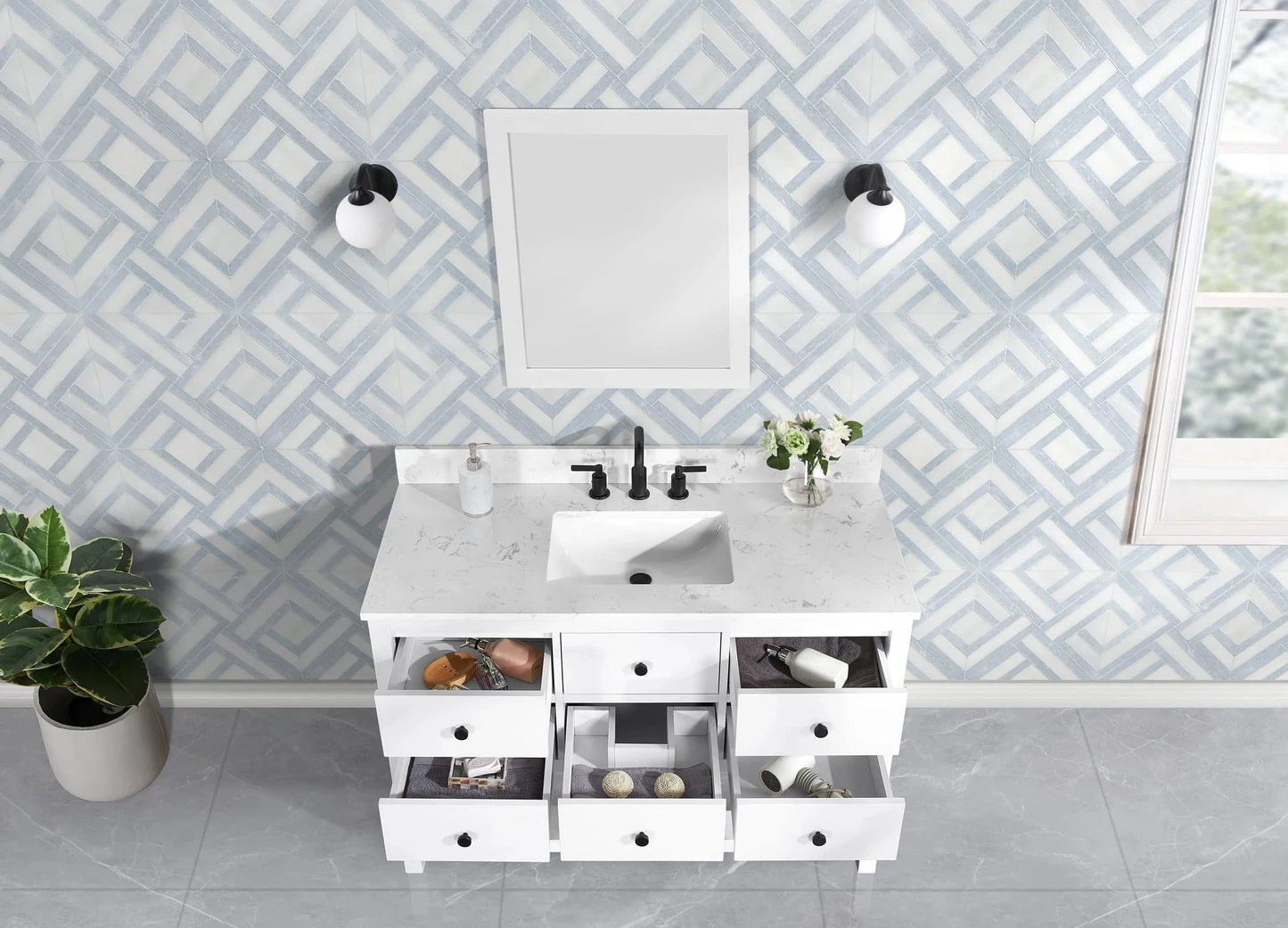 Encino 48" Single Vanity With Carrara Engineered Stone Top Horizon Tile