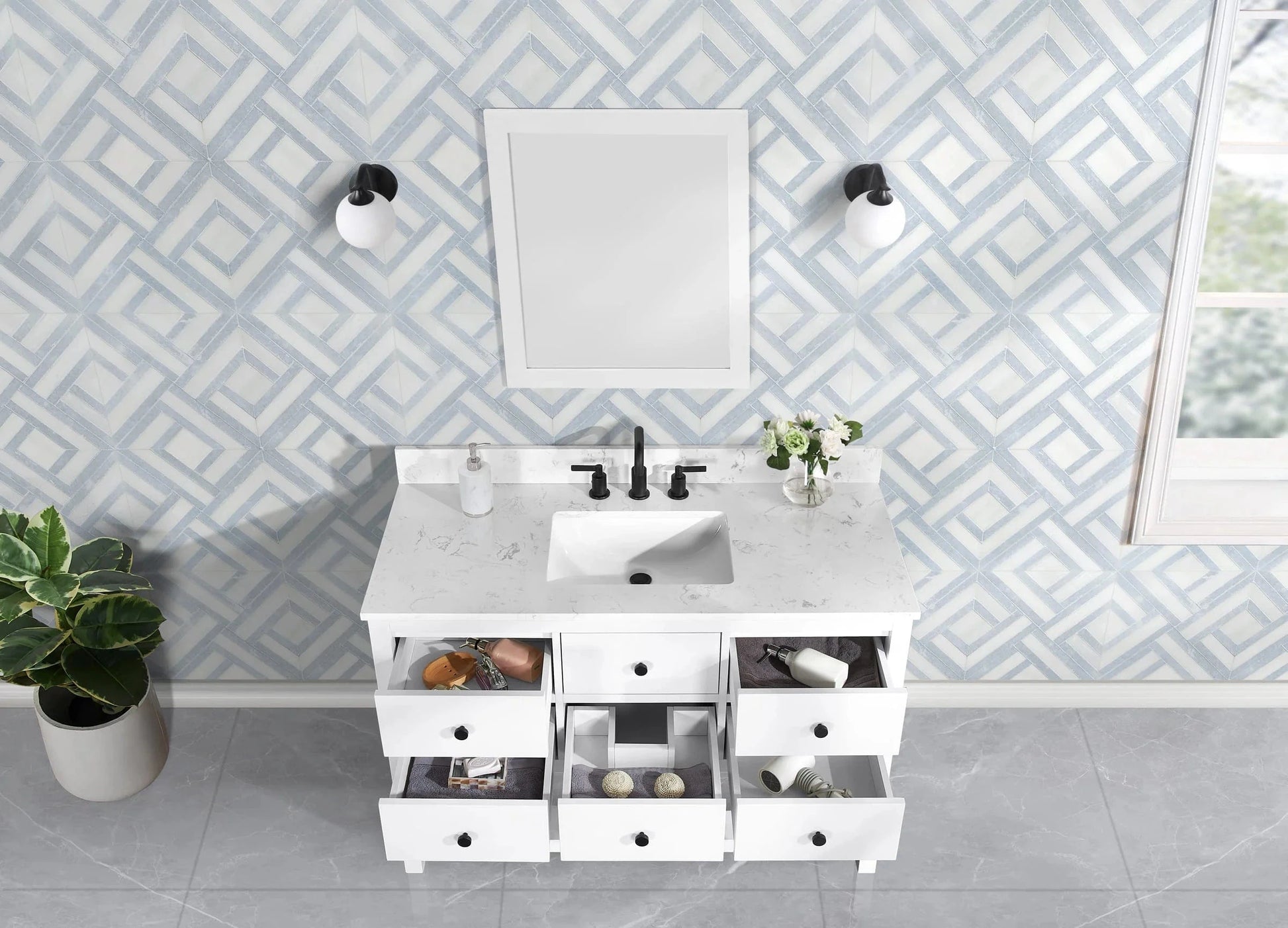 Encino 48" Single Vanity With Carrara Engineered Stone Top Horizon Tile