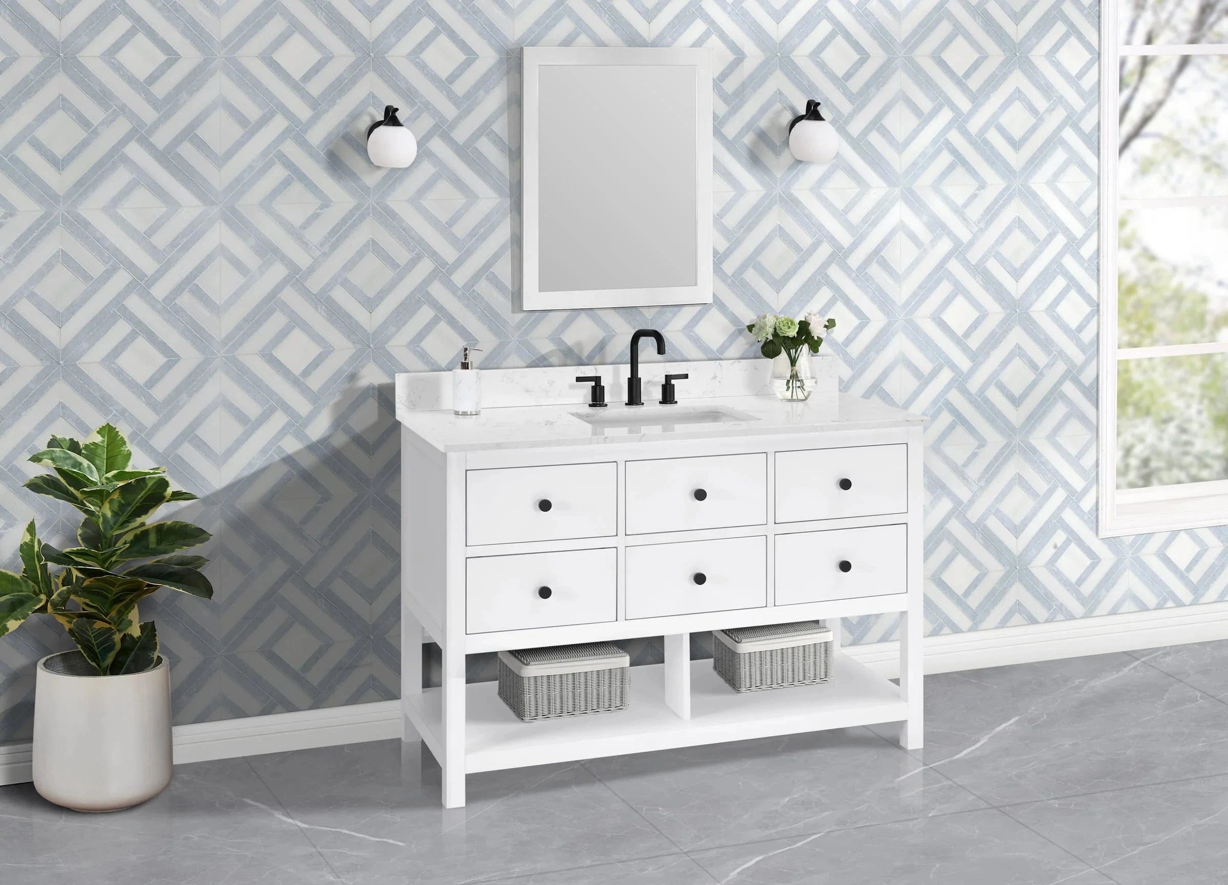 Encino 48" Single Vanity With Carrara Engineered Stone Top Horizon Tile