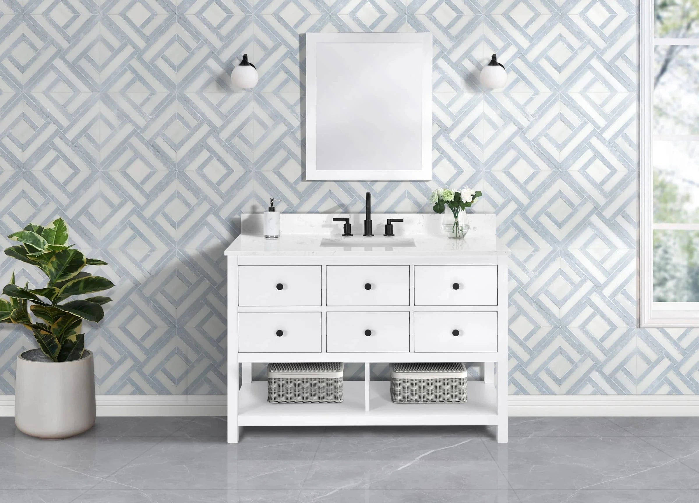 Encino 48" Single Vanity With Carrara Engineered Stone Top Horizon Tile