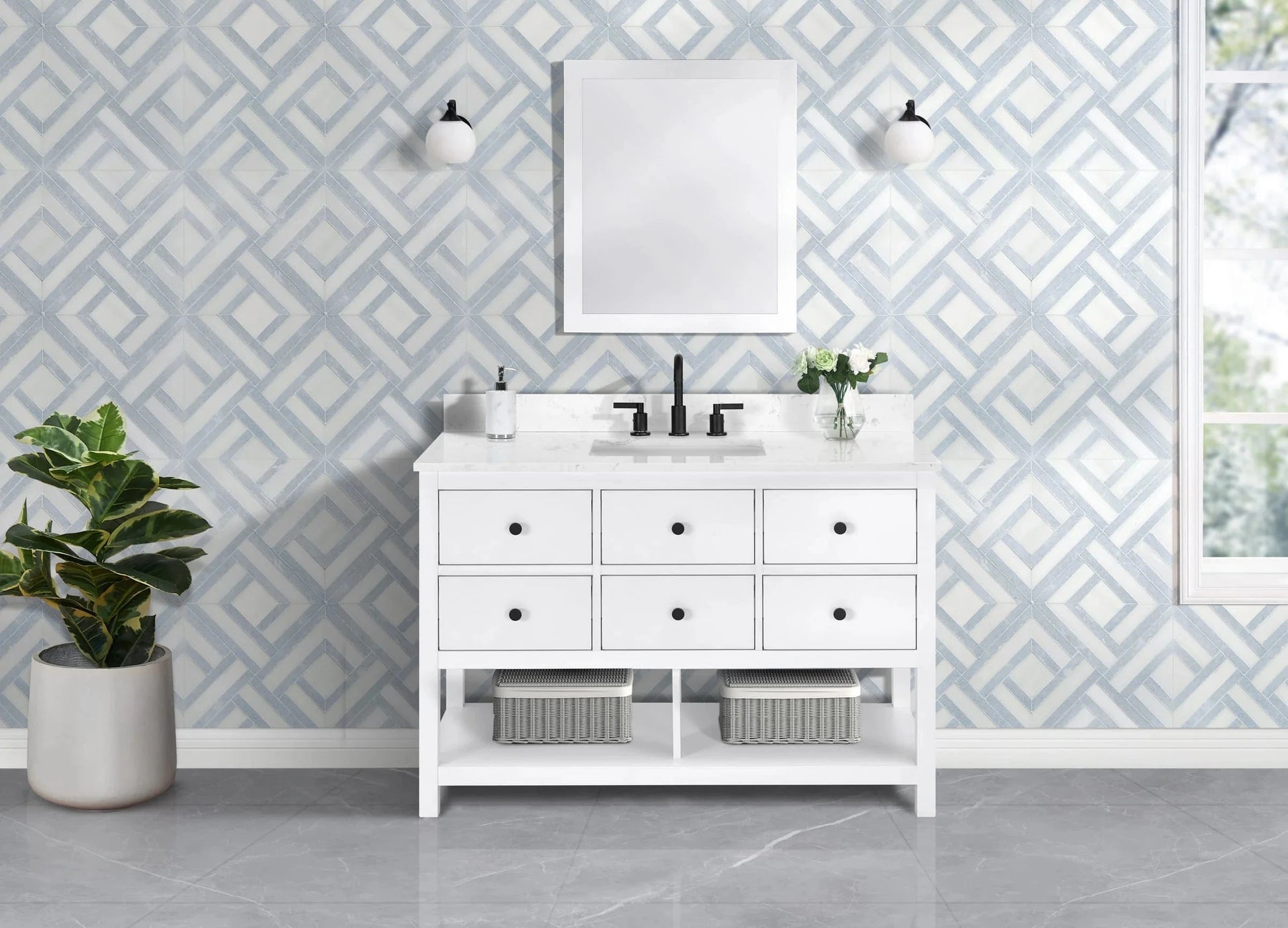 Encino 48" Single Vanity With Carrara Engineered Stone Top Horizon Tile