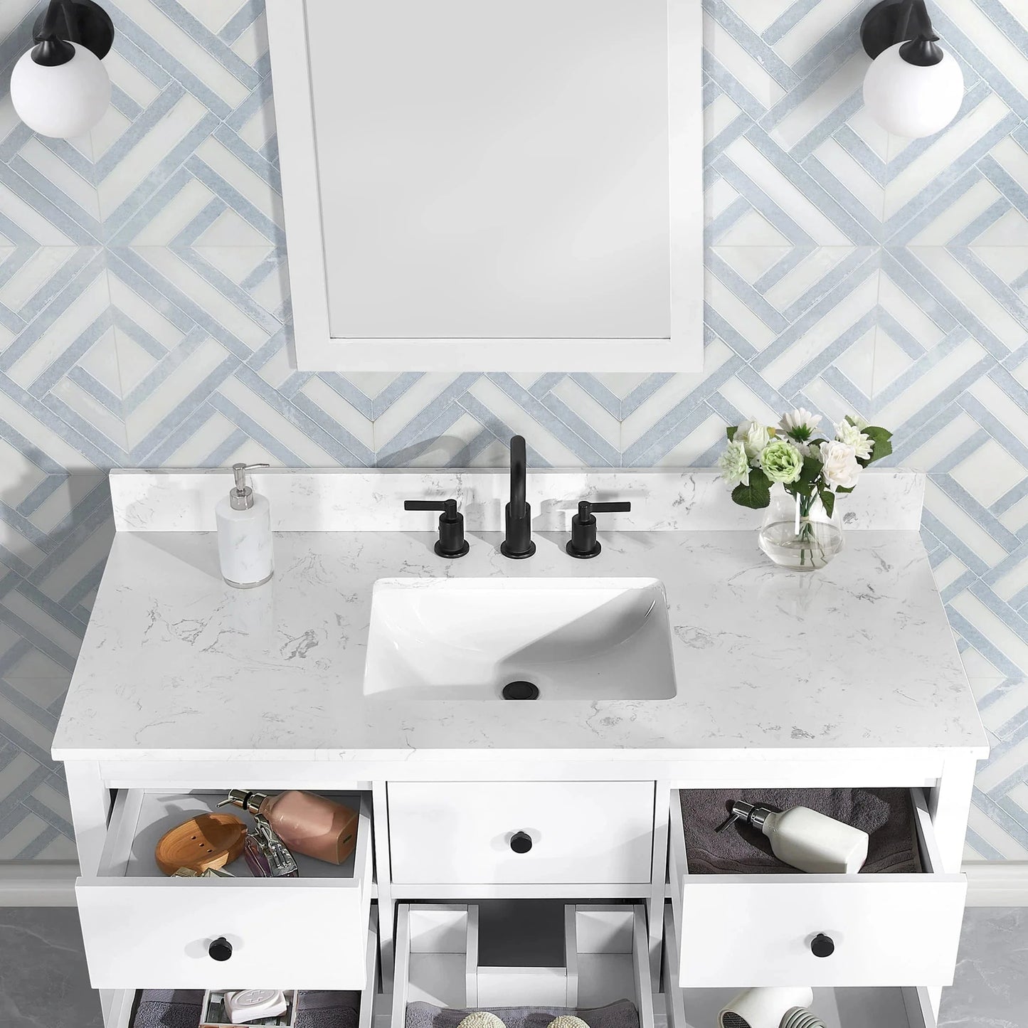 Encino 48" Single Vanity With Carrara Engineered Stone Top Horizon Tile