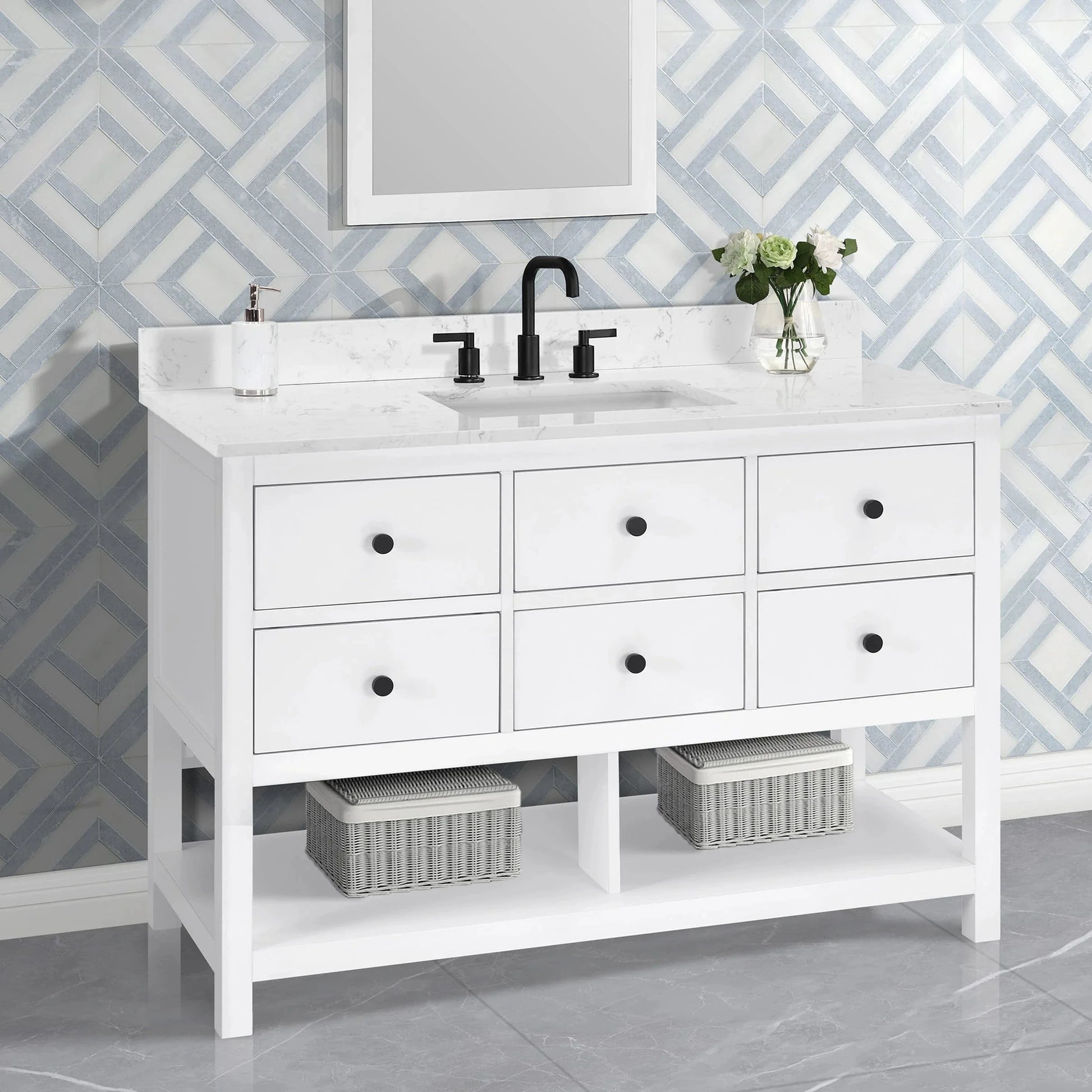 Encino 48" Single Vanity With Carrara Engineered Stone Top Horizon Tile