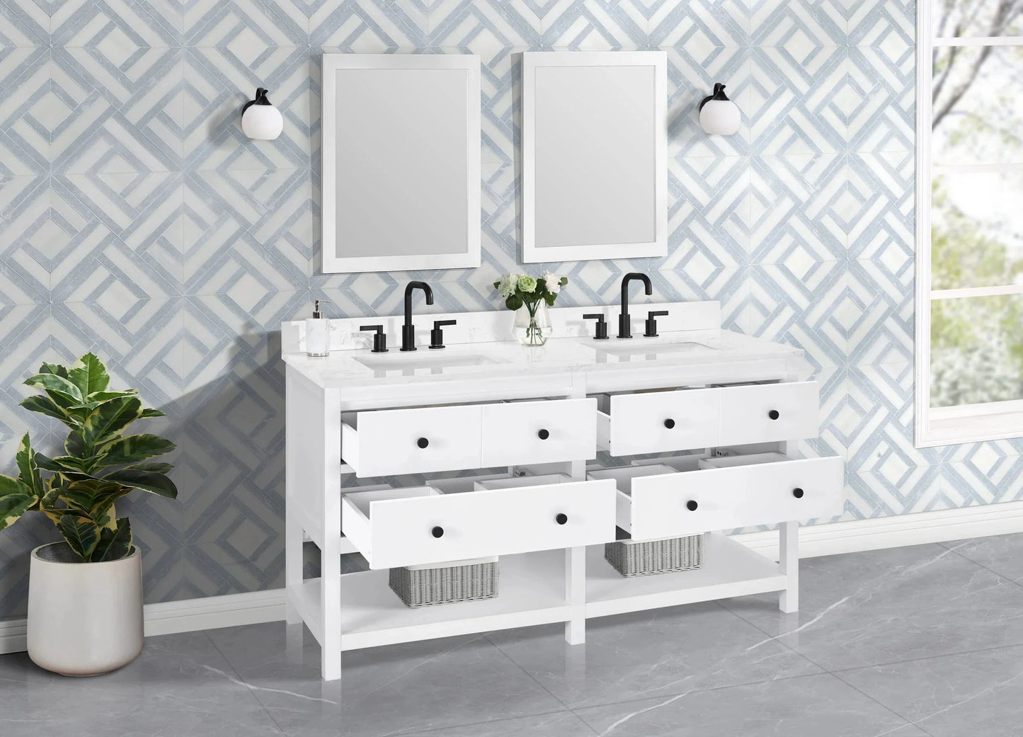 Encino 60" Single Vanity With Carrara Engineered Stone Top Horizon Tile