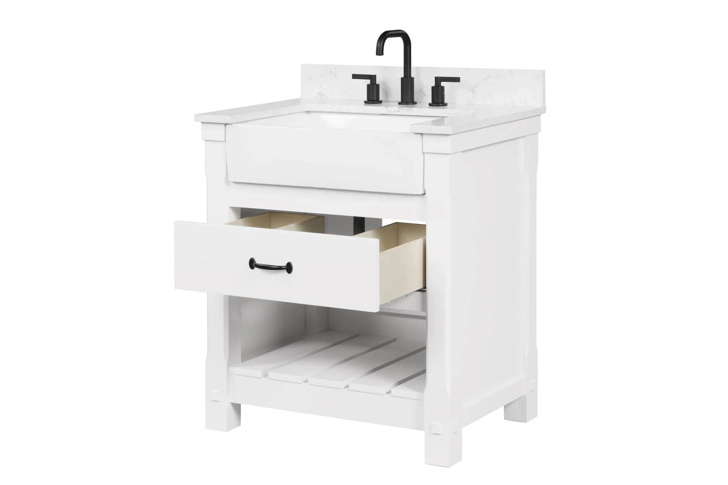 Farmington 30" White Open Shelf Vanity Set with Carrara Marble Top Horizon Tile