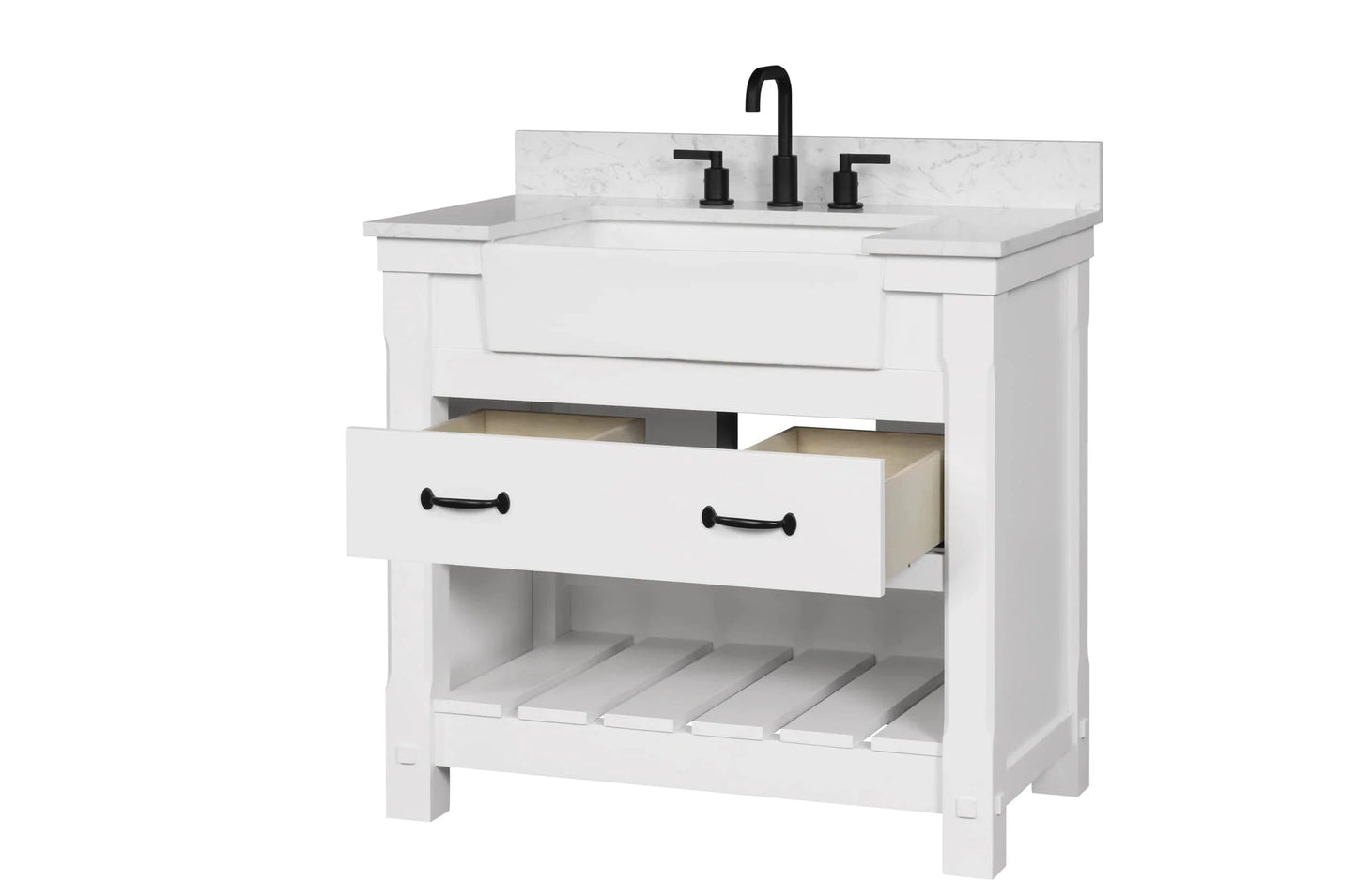 Farmington 36" White Open Shelf Vanity Set with Carrara Marble Top Horizon Tile