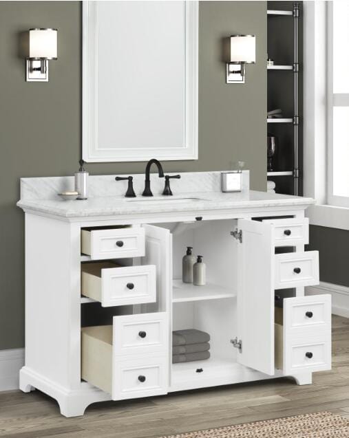 Icon 48" White Single Sink Bathroom Vanity with Carrara Marble Vanity Top Horizon Tile