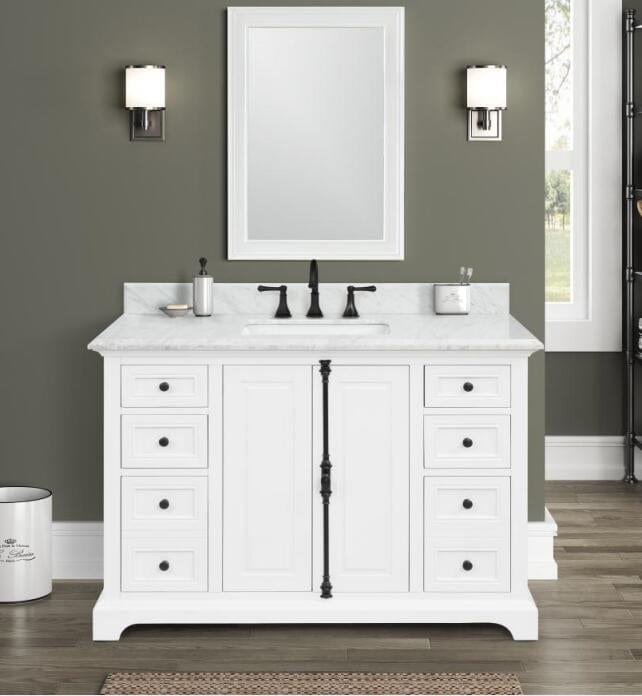 Icon 48" White Single Sink Bathroom Vanity with Carrara Marble Vanity Top Horizon Tile