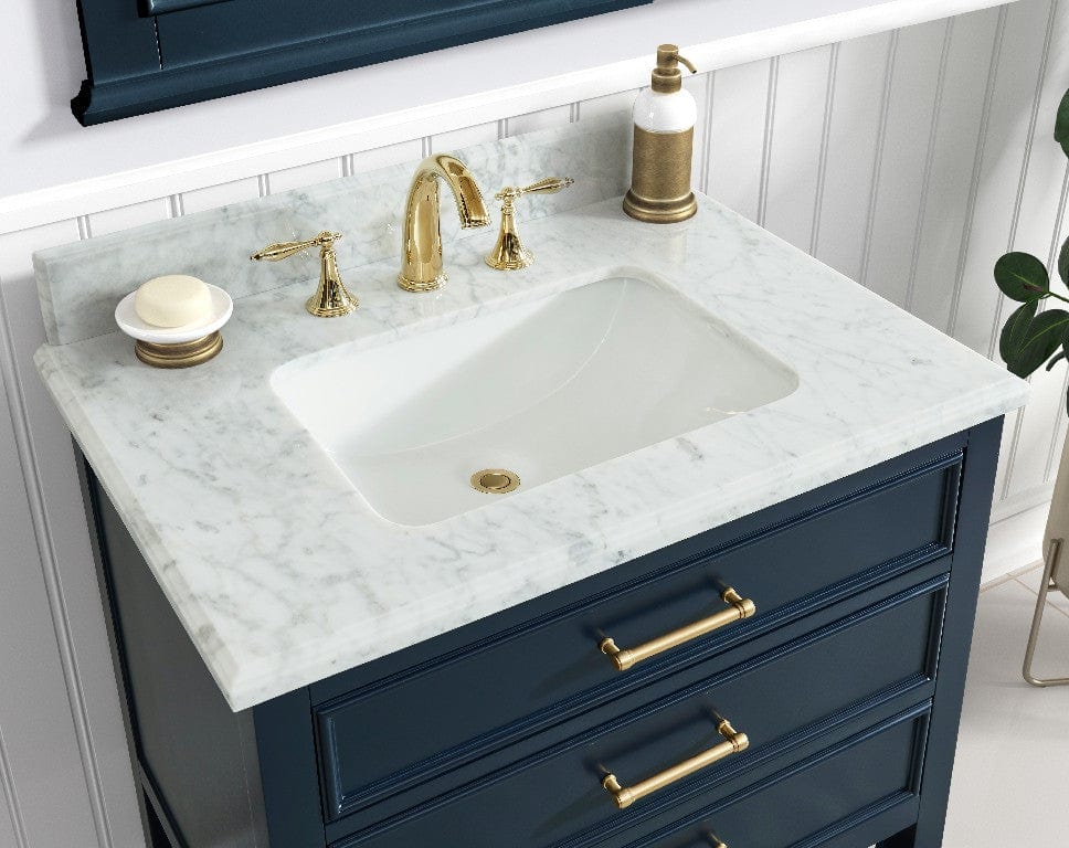 Manhattan 30" Navy Blue Single Sink Vanity with Carrara White Natural Marble Top Horizon Tile