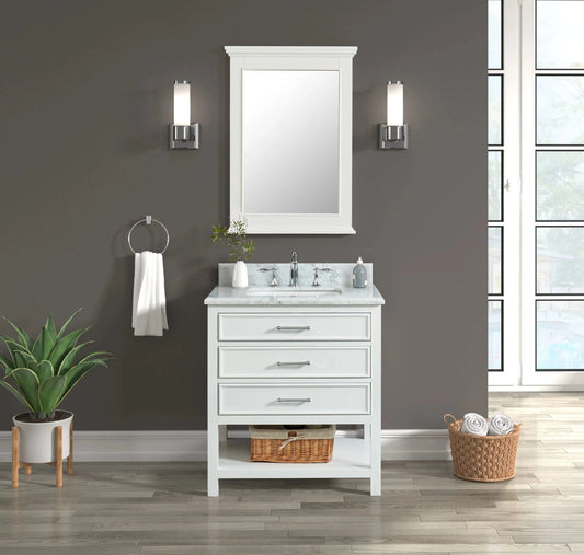 Manhattan 30" White Single Vanity With Carrara Marble Top Horizon Tile