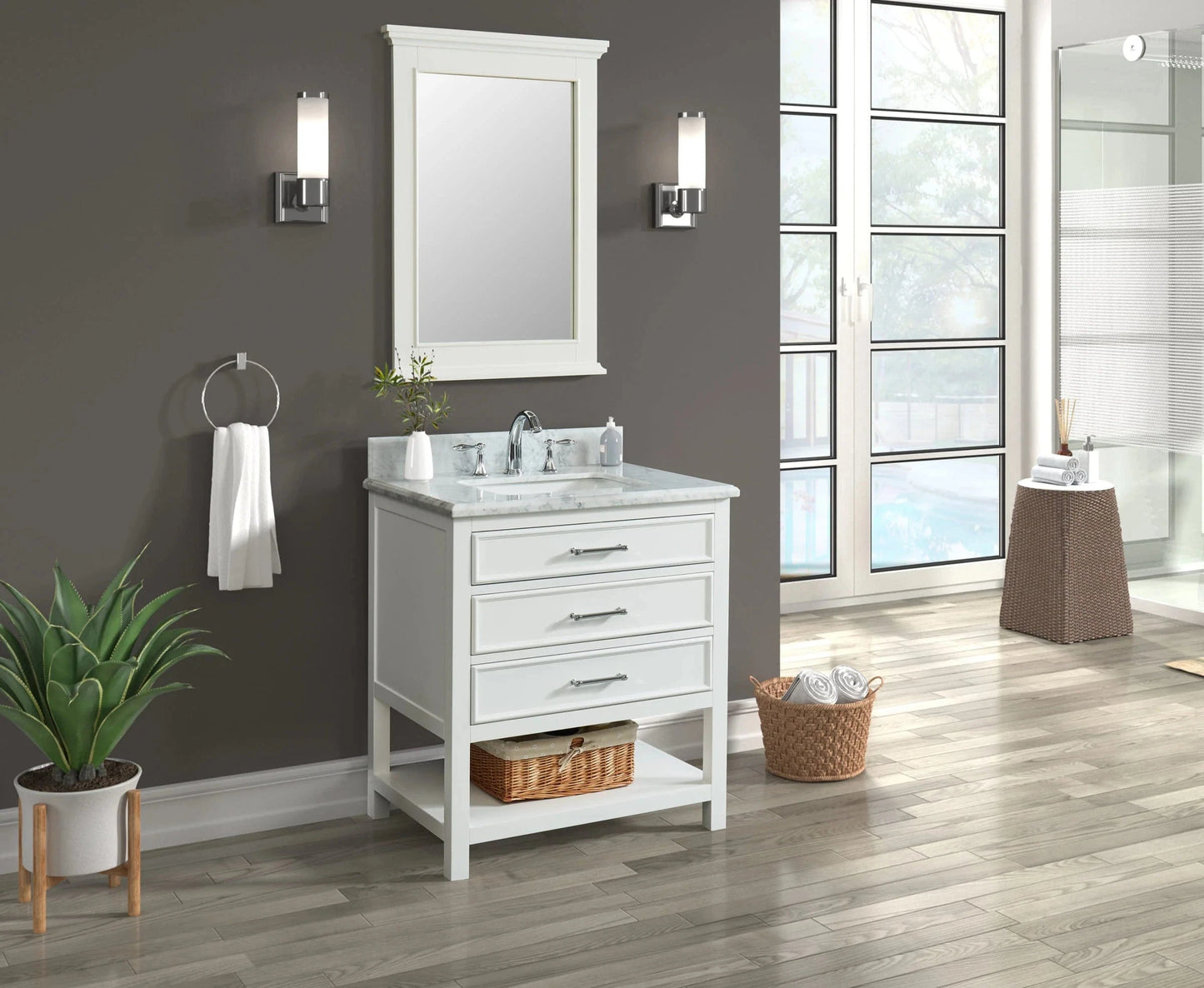 Manhattan 30" White Single Vanity With Carrara Marble Top Horizon Tile