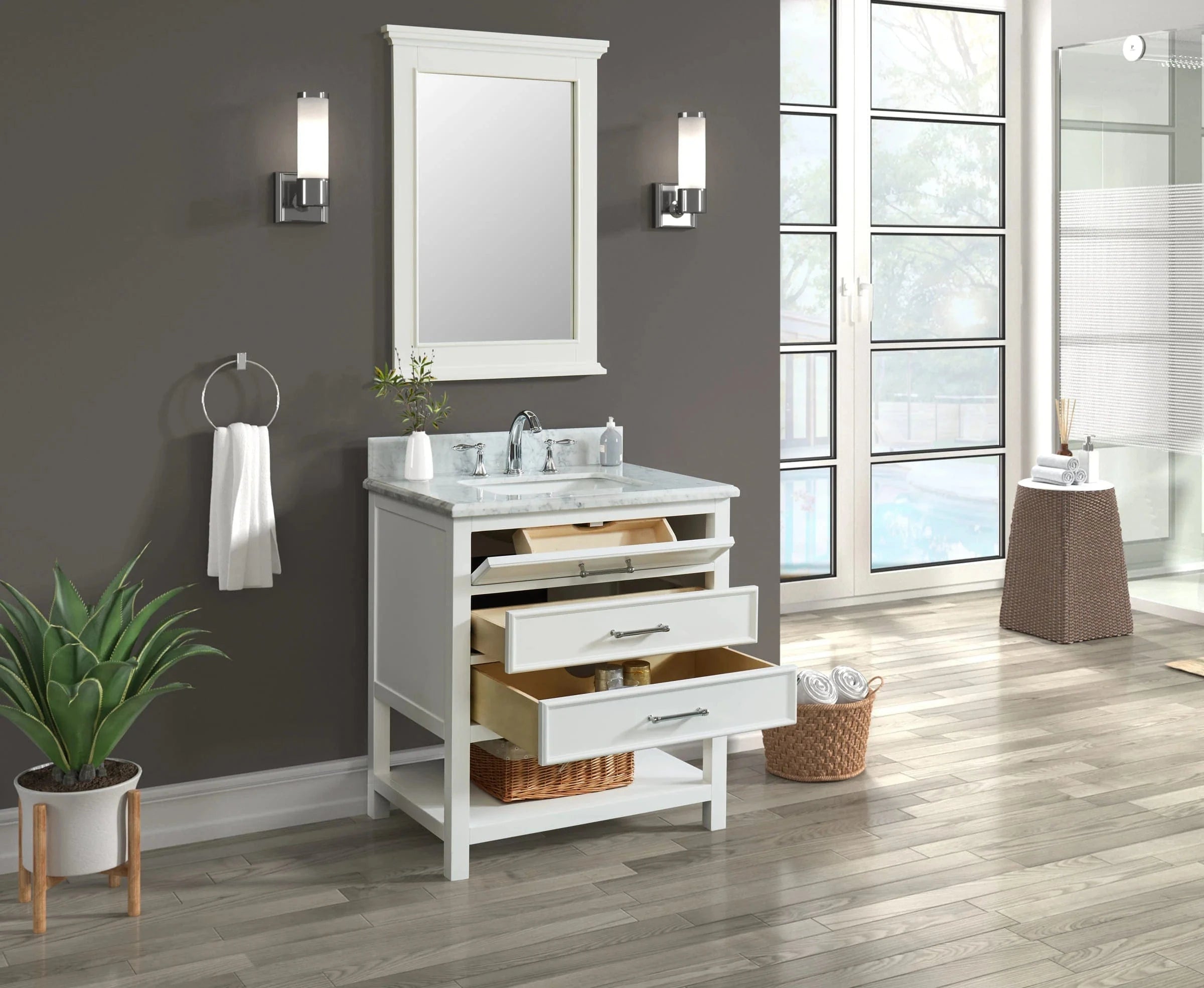 Manhattan 30" White Single Vanity With Carrara Marble Top Horizon Tile