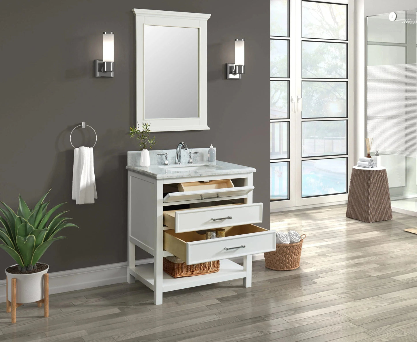 Manhattan 30" White Single Vanity With Carrara Marble Top Horizon Tile