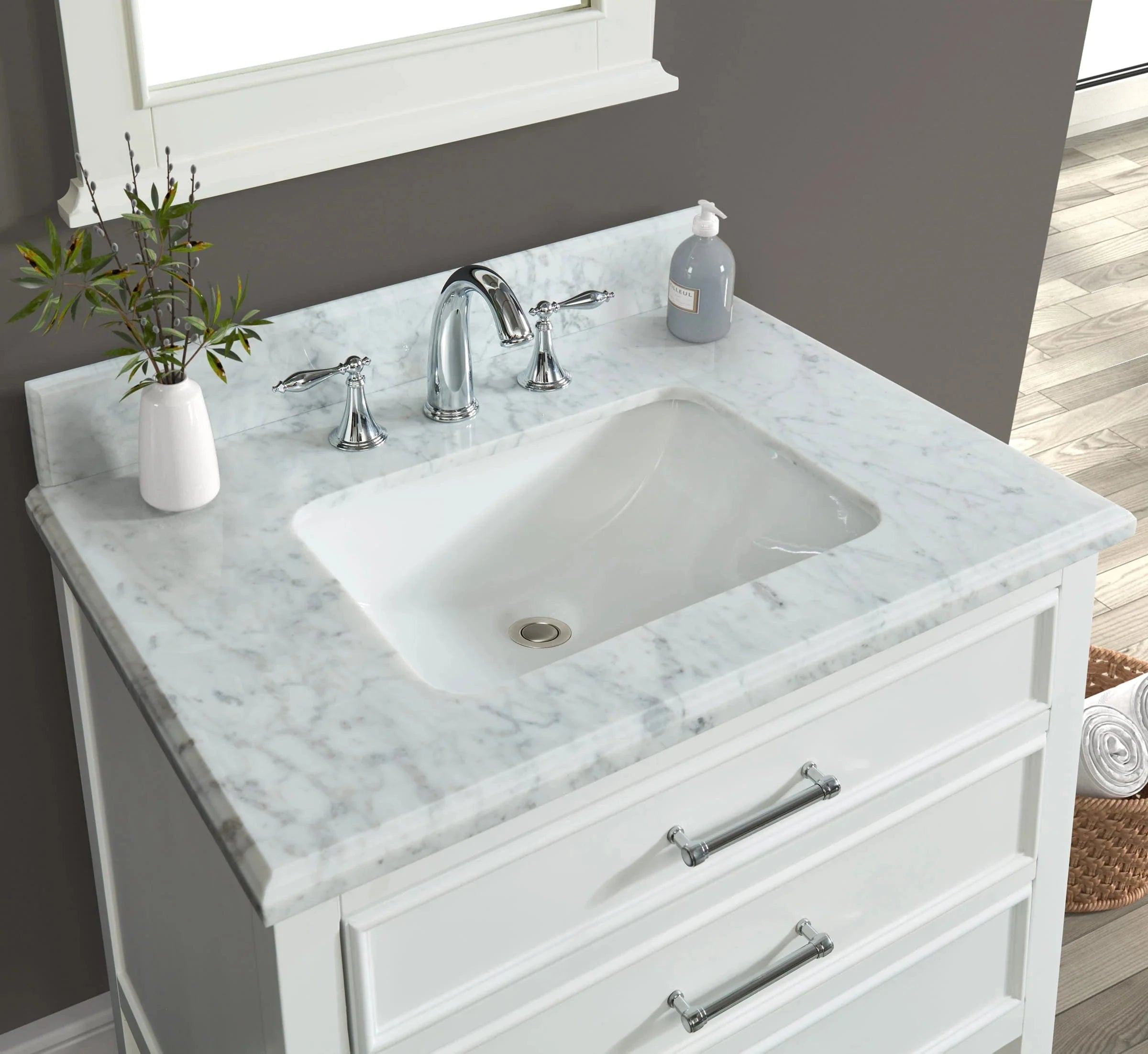 Manhattan 30" White Single Vanity With Carrara Marble Top Horizon Tile