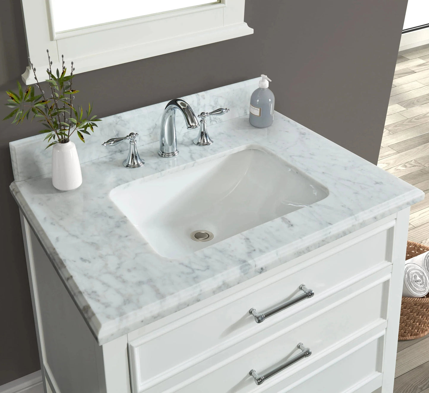 Manhattan 30" White Single Vanity With Carrara Marble Top Horizon Tile