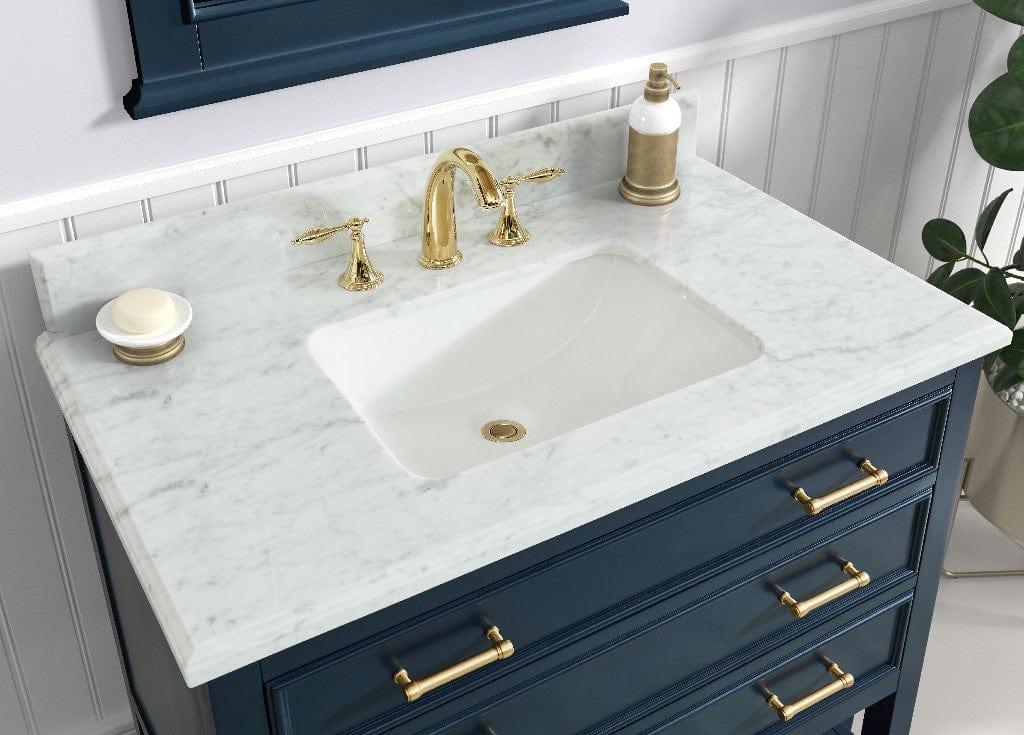 Manhattan 36" Navy Blue Single Sink Vanity with Carrara White Natural Marble Top Horizon Tile