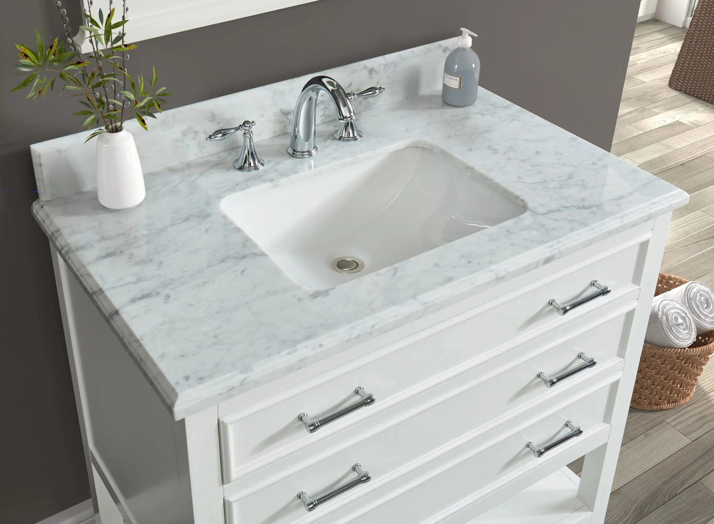 Manhattan 36" White Single Vanity With Carrara Marble Top Horizon Tile