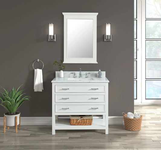 Manhattan 36" White Single Vanity With Carrara Marble Top Horizon Tile