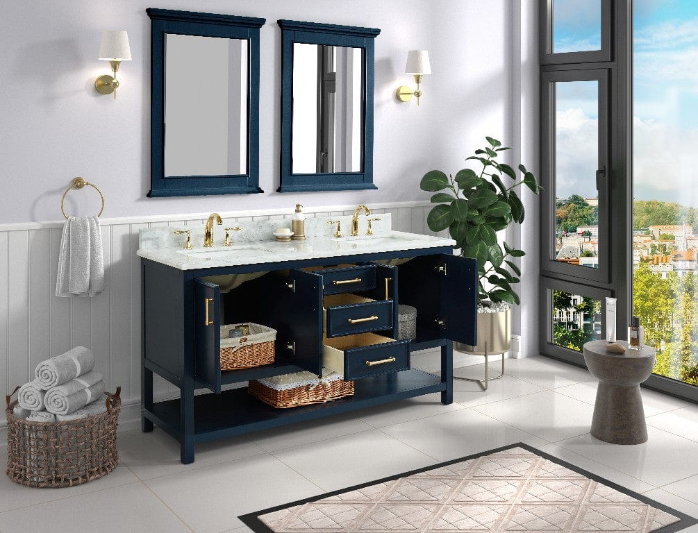 Manhattan 60" Navy Blue Vanity Combo with Authentic Italian Carrara Marble Top Horizon Tile