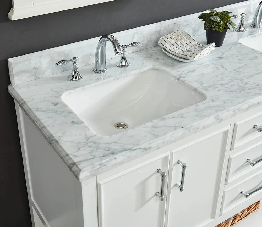 Manhattan 60" White Single Vanity With Carrara Marble Top Horizon Tile