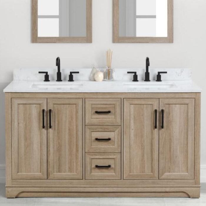 Retford 60" Light Wood Double Sink Bathroom Vanity with Carrara White Engineered Stone Top Horizon Tile