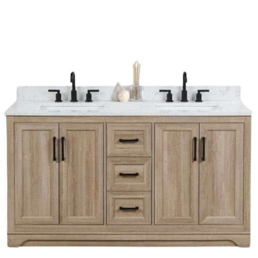 OasisTile Rivora 60" Light Wood Double Sink Bathroom Vanity with Carrara White Engineered Stone Top Horizon Tile