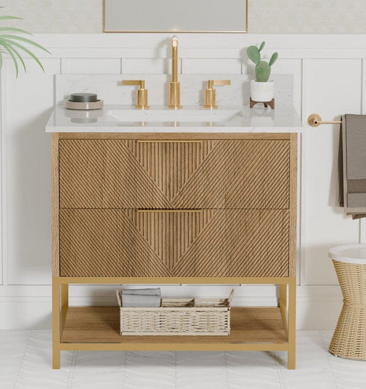 Waymart 30.5" Vanity Combo Brown Oak with White Quartz Top Horizon Tile