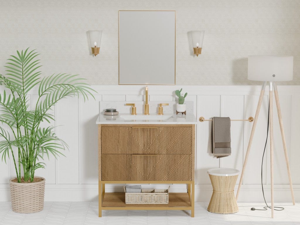 Waymart 30.5" Vanity Combo Brown Oak with White Quartz Top Horizon Tile