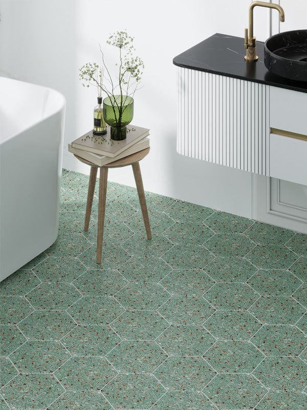 Aquaterra Green Hex Terrazzo and Shell Polished Tile Matrix Mosaics